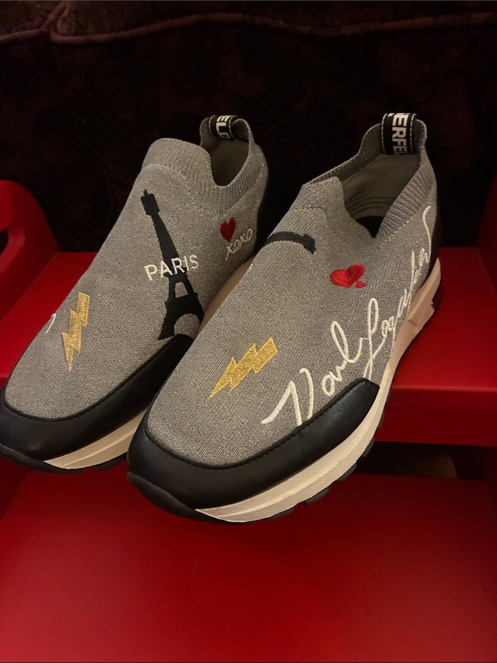 Karl Lagerfeld Gray Slip-On Knit Sneaker w/Signature Logo Paris NWOT Size 8 1/2
